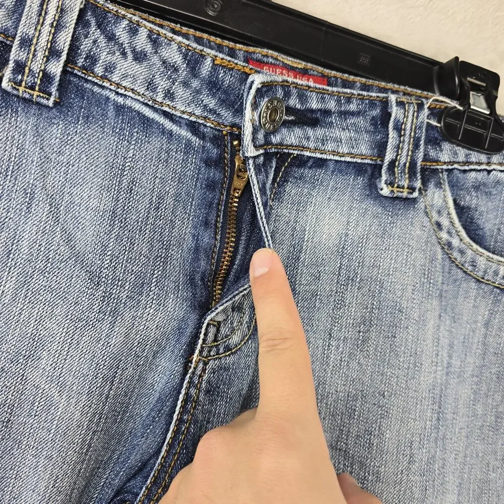 Vtg Guess USA Jeans Womens 34 Blue (Fits 38x30) Crochet Embroidered Distressed